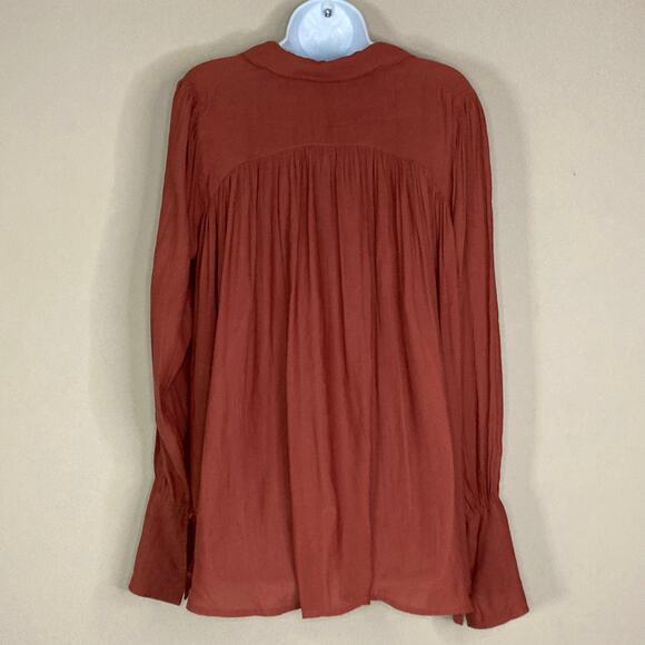 Free People Button Down Front Top Collar Flared Sleeves Rust Burnt Orange Size M - Picture 4 of 16
